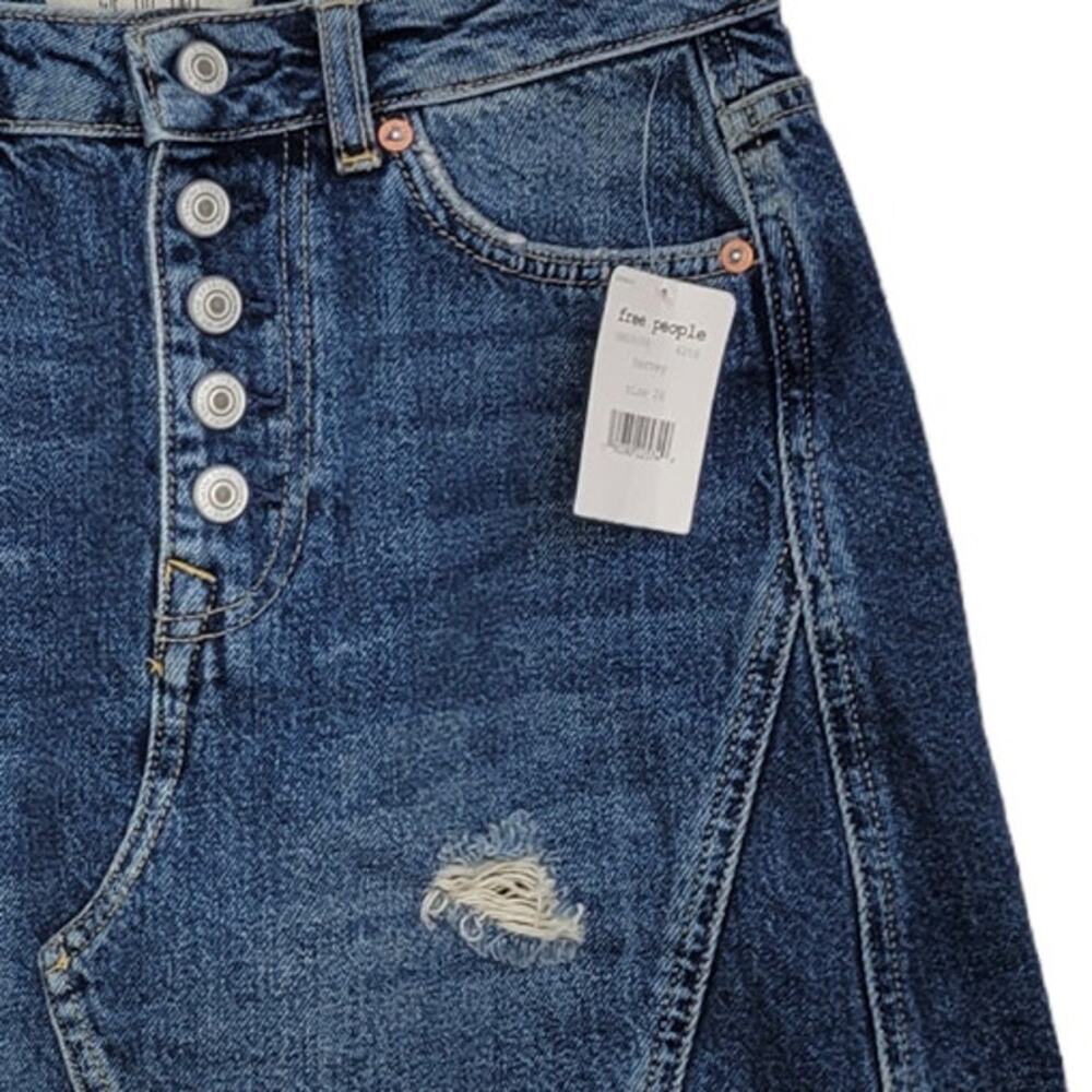 Free People A-Line Denim Distressed Mini Skirt Button Fly Jean Skirt Women US 26 - Picture 6 of 9
